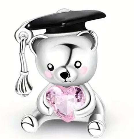 Graduation Bear with Pink Stone Heart Charm - Compatible with Pandora Bracelets