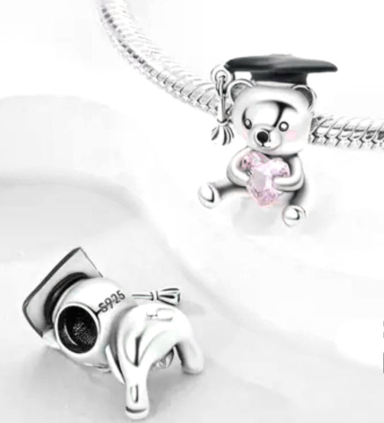 Graduation Bear with Pink Stone Heart Charm - Compatible with Pandora Bracelets
