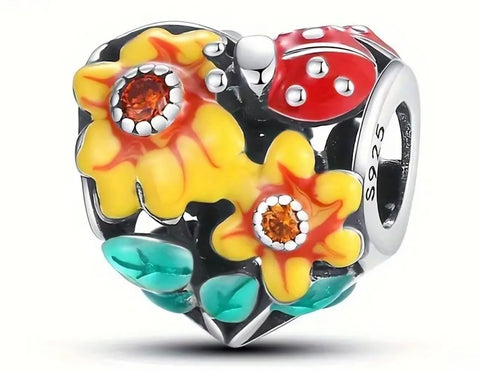 Ladybird & Flower Heart - Compatible with Pandora Bracelets