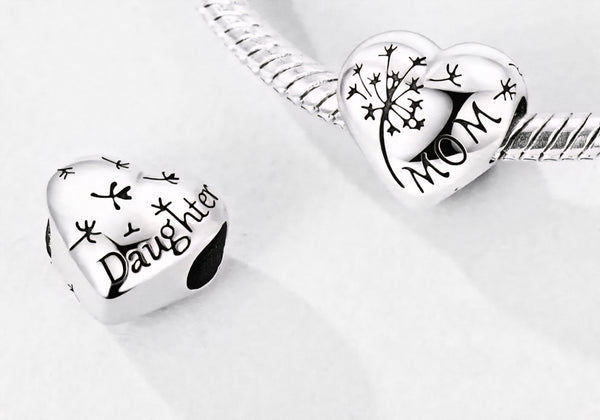 Mom & Daughter Dandelion Heart Charm - Compatible with Pandora Bracelets