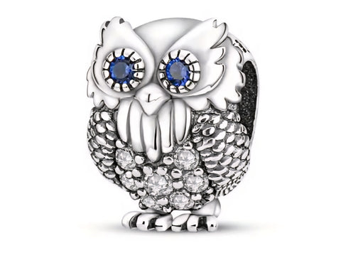 Owl with Blue Stone Eyes Charm - Compatible with Pandora Bracelets