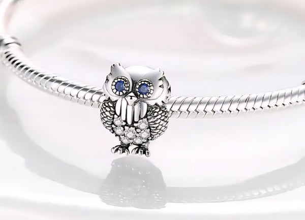 Owl with Blue Stone Eyes Charm - Compatible with Pandora Bracelets