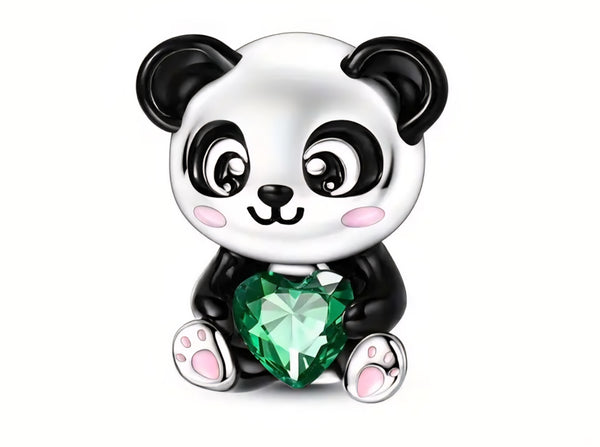 Panda with Green Stone Heart Charm - Compatible with Pandora Bracelets