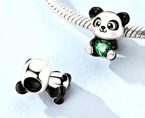 Panda with Green Stone Heart Charm - Compatible with Pandora Bracelets