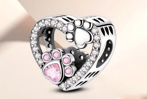 Paw Print Pink Stone Heart Charm - Compatible with Pandora Bracelets