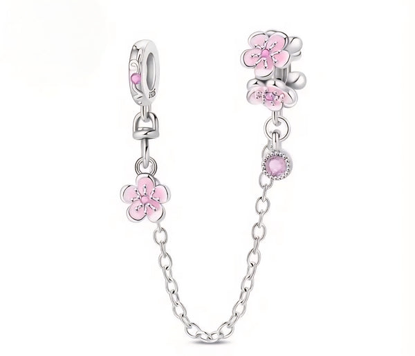 Pink Flower Safety Chain - Compatible with Pandora Bracelets