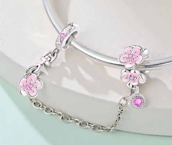 Pink Flower Safety Chain - Compatible with Pandora Bracelets