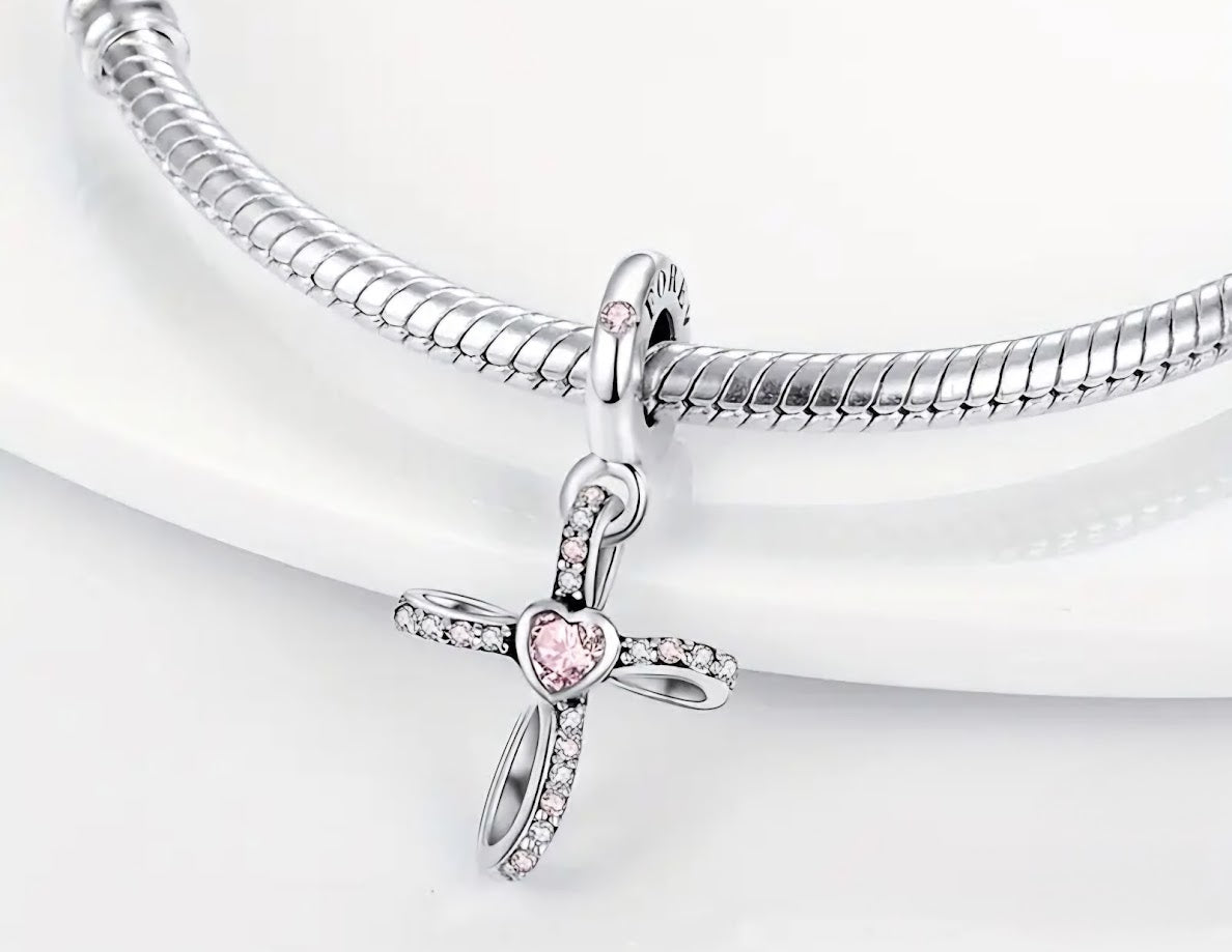 Pink Stone Cross Charm - Compatible with Pandora Bracelets