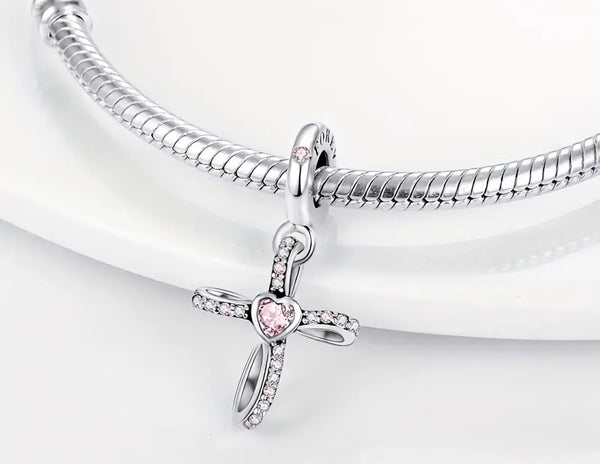 Pink Stone Cross Charm - Compatible with Pandora Bracelets