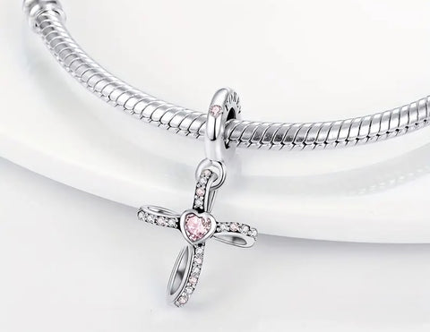 Pink Stone Cross Charm - Compatible with Pandora Bracelets