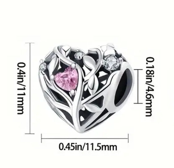 Pink Stone Heart Charm - Compatible with Pandora Bracelets