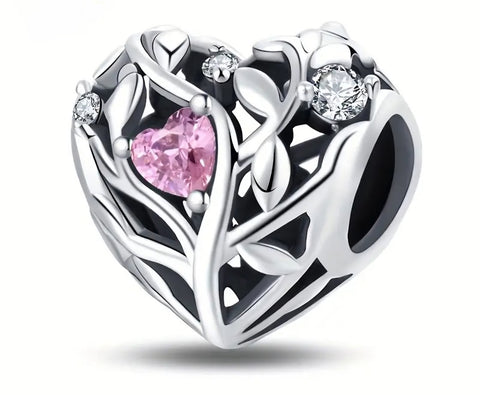 Pink Stone Heart Charm - Compatible with Pandora Bracelets