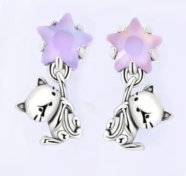 Silver Cat Star Dangle Earrings